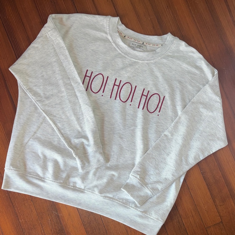 Rae Dunn Light Heather Gray Sweatshirt with Red lettering.